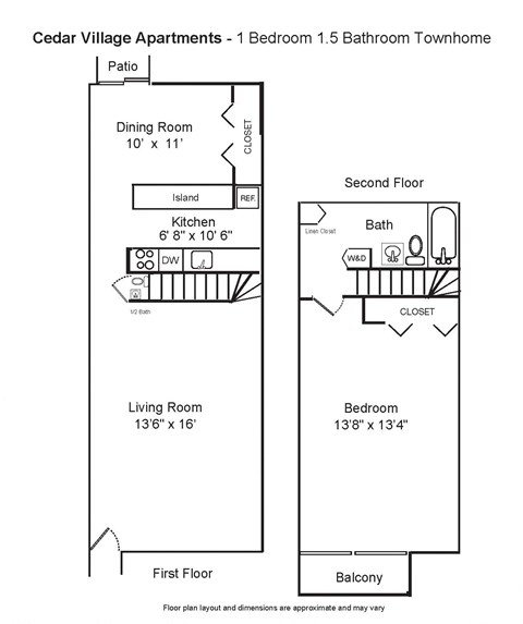 Floor plan for 1 bed, 1.5 baths